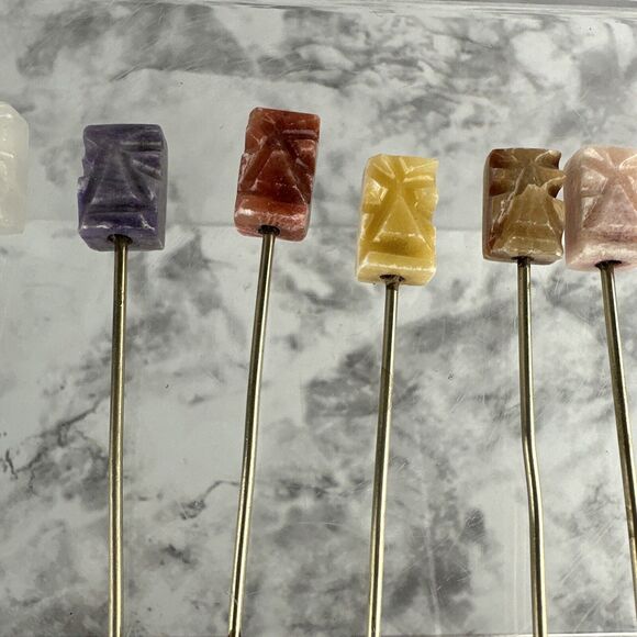 Vintage Tiki Easter Island Cocktail Appetizer Forks Skewer Carved Stone Set 12 - Picture 3 of 8